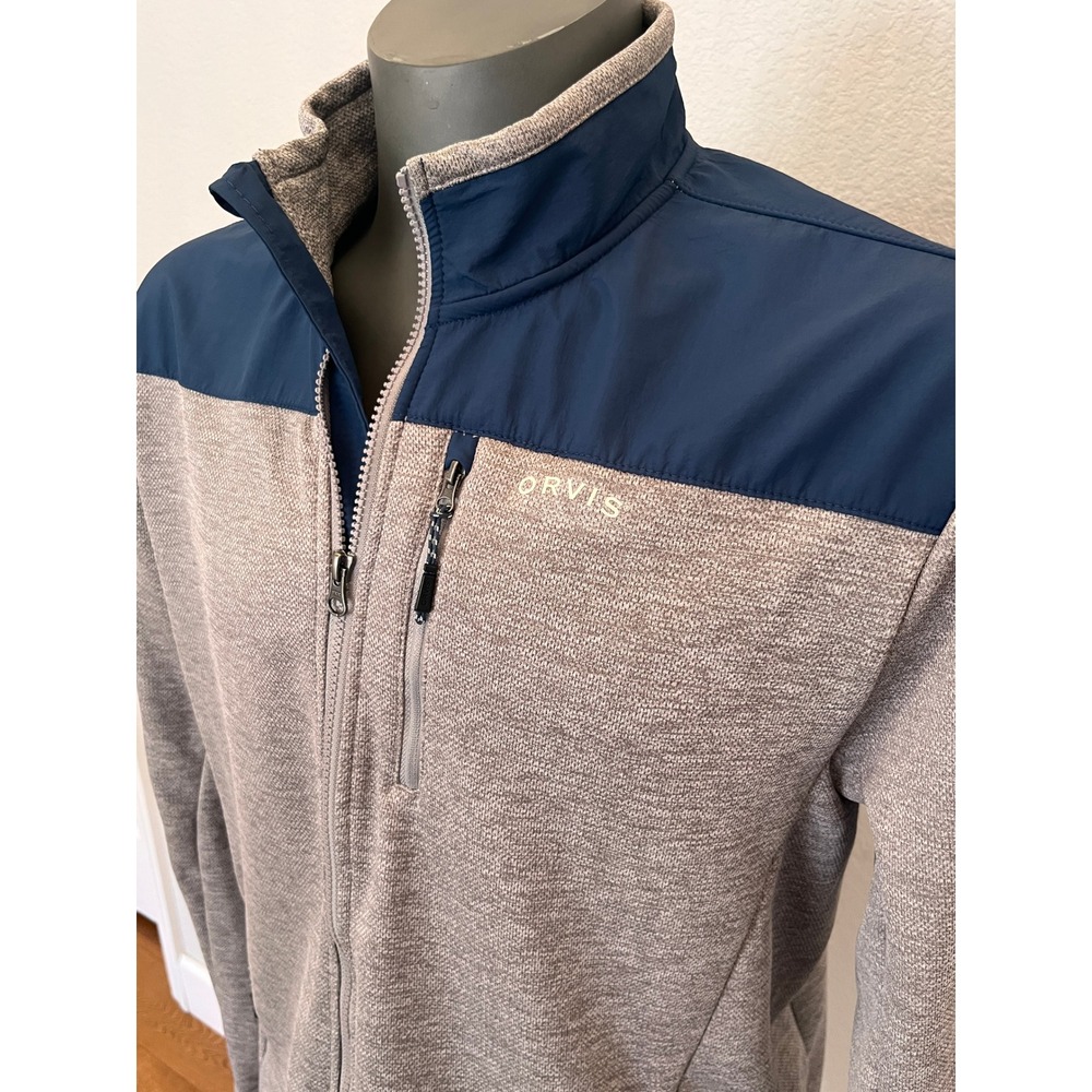 Orvis Full Zip Fleece Jacket Mens Large Gray Navy Colorblock Outdoor Hiking